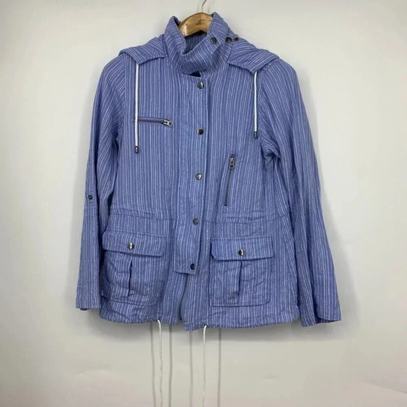 Joie Women's S Barker Anorak Jacket Full Zip Striped Linen Utility Hood Size M - Picture 1 of 9